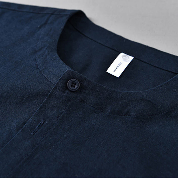 Buddha Stones Men's Spring Pure Color Stand Collar Cotton Linen Long Sleeve Shirt - image 1