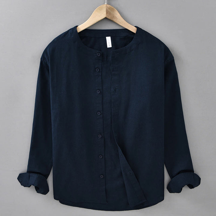 Buddha Stones Men's Spring Pure Color Stand Collar Cotton Linen Long Sleeve Shirt - MidnightBlue - US/UK/AU42，EU52 (3XL) - image 0