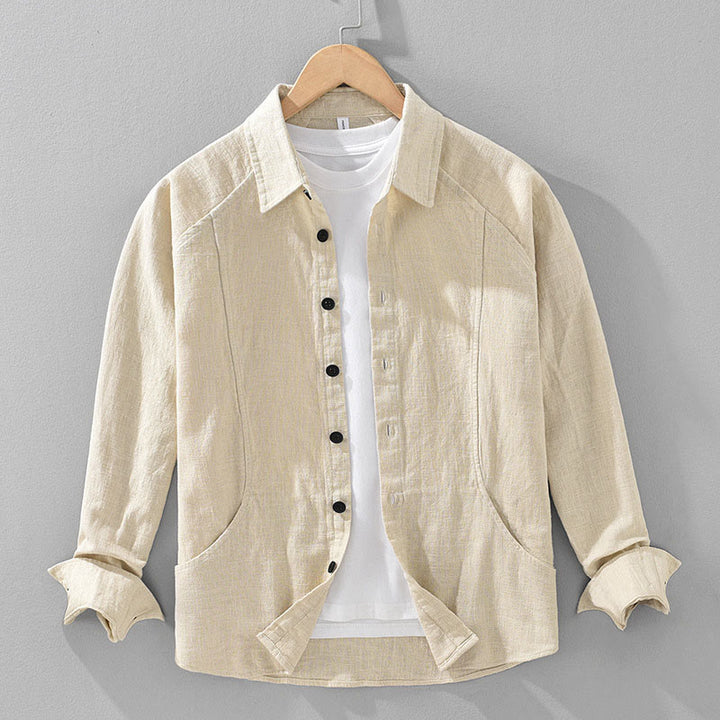 Buddha Stones Men's Fall Plain Ramie Cotton Long Sleeve Lapel Shirt With Pockets - LightGoldenrodYellow - US/UK/AU42，EU52 (3XL) - image 0