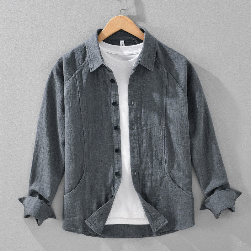 Buddha Stones Men's Fall Plain Ramie Cotton Long Sleeve Lapel Shirt With Pockets - SlateGray - US/UK/AU42，EU52 (3XL) - image 5