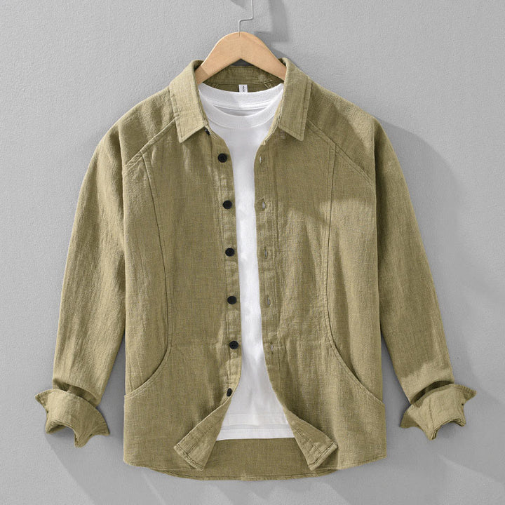 Buddha Stones Men's Fall Plain Ramie Cotton Long Sleeve Lapel Shirt With Pockets - DarkKhaki - US/UK/AU42，EU52 (3XL) - image 15