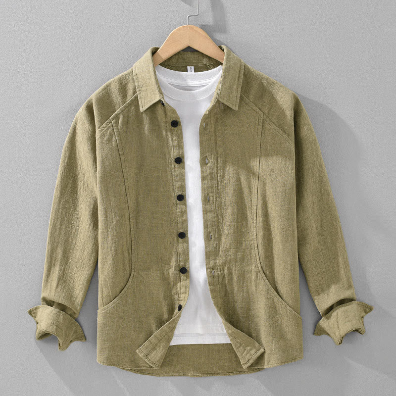 Buddha Stones Men's Fall Plain Ramie Cotton Long Sleeve Lapel Shirt With Pockets - DarkKhaki - US/UK/AU42，EU52 (3XL) - image 15