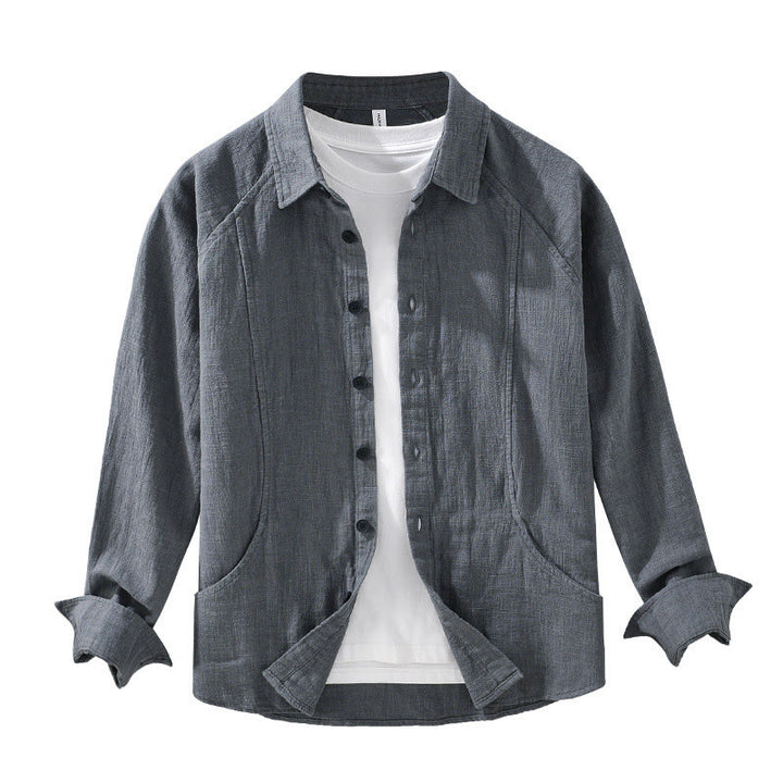 Buddha Stones Men's Fall Plain Ramie Cotton Long Sleeve Lapel Shirt With Pockets - image 14