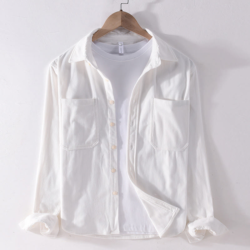 Buddha Stones Spring Plain Simple Buttons Design Corduroy Men's Long Sleeve Jacket With Pockets - White - US/UK/AU42，EU52 (3XL) - image 3