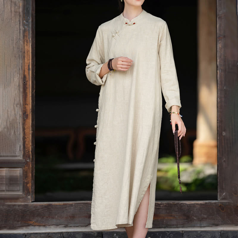 Buddha Stones Fall Plain Chinese Frog-Button Design Cotton Linen Long Sleeve Midi Dress With Pockets - image 1