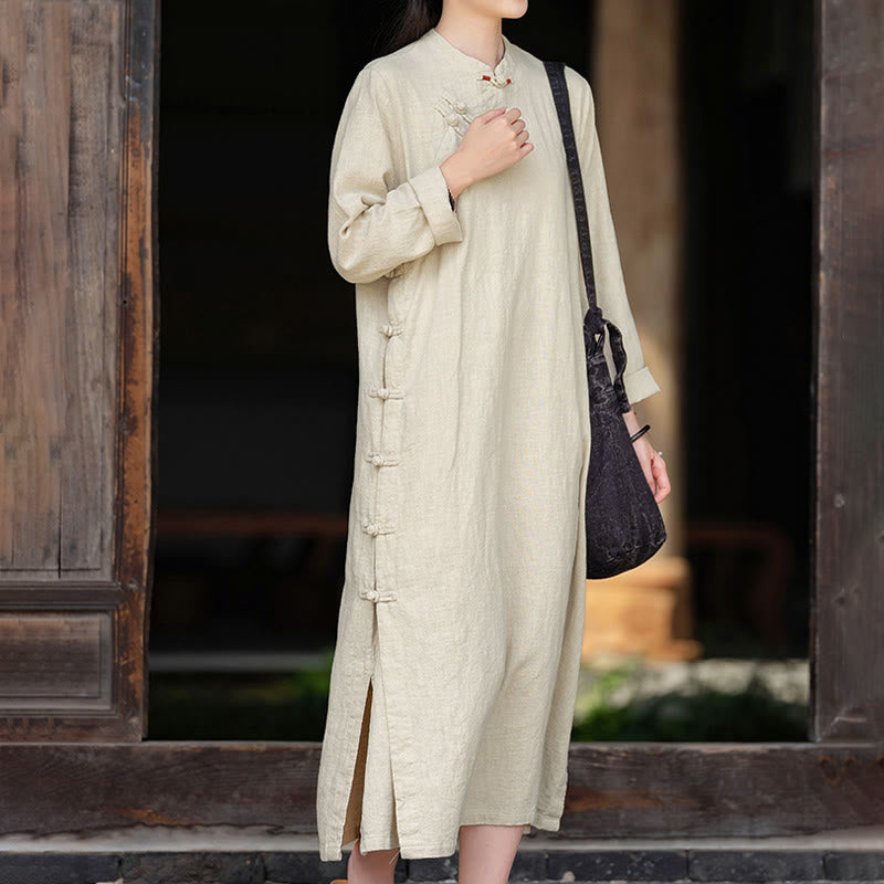 Buddha Stones Fall Plain Chinese Frog-Button Design Cotton Linen Long Sleeve Midi Dress With Pockets - Linen - US8-10，UK/AU12-14，EU40-42 (2XL) - image 0
