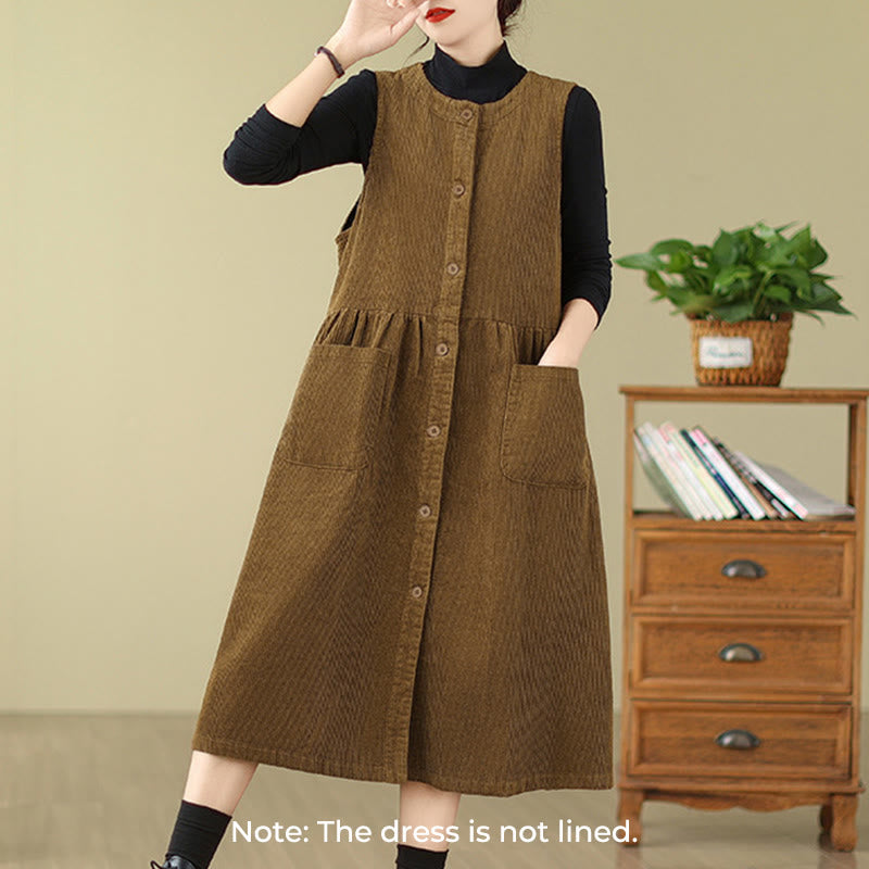 Buddha Stones Fall Retro Buttons Design Corduroy Sleeveless Midi Dress With Pockets - image 13