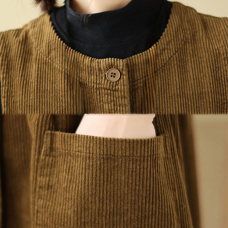 Buddha Stones Fall Retro Buttons Design Corduroy Sleeveless Midi Dress With Pockets - image 18