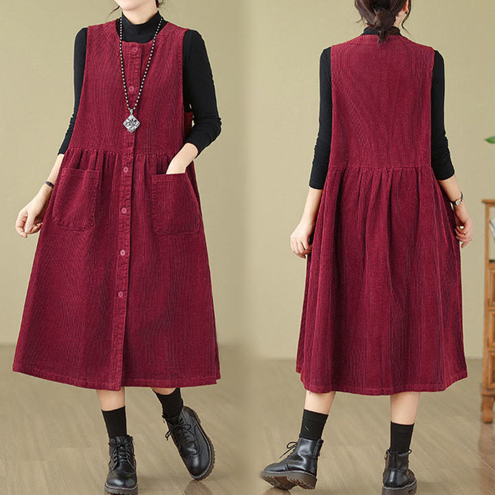 Buddha Stones Fall Retro Buttons Design Corduroy Sleeveless Midi Dress With Pockets - image 24