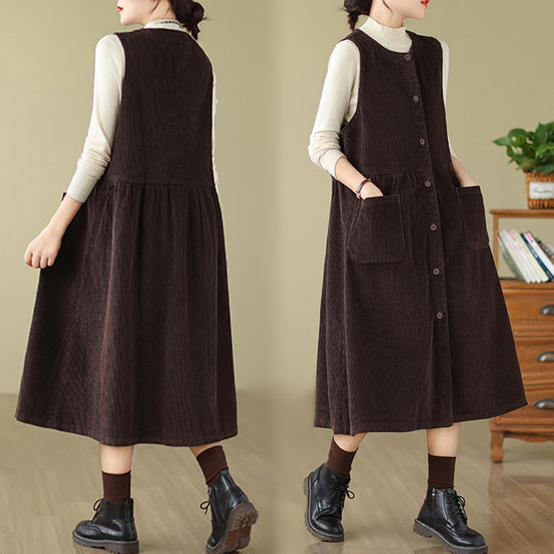 Buddha Stones Fall Retro Buttons Design Corduroy Sleeveless Midi Dress With Pockets - image 3