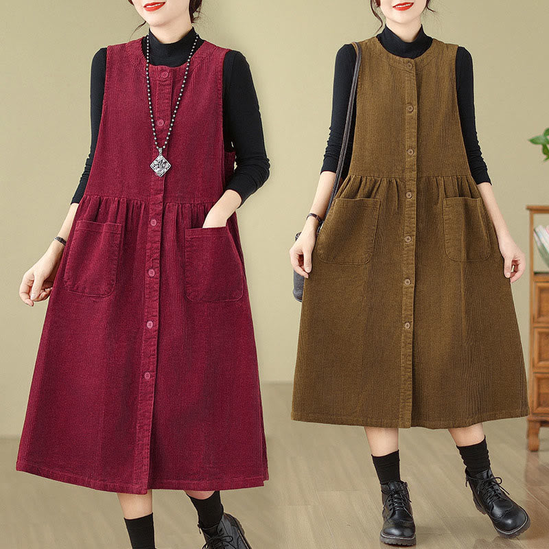 Buddha Stones Fall Retro Buttons Design Corduroy Sleeveless Midi Dress With Pockets - image 25