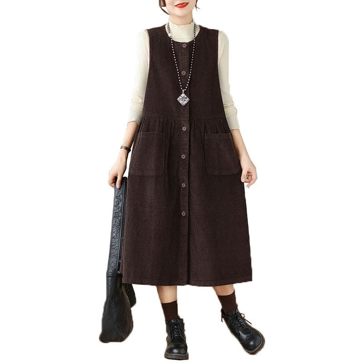 Buddha Stones Fall Retro Buttons Design Corduroy Sleeveless Midi Dress With Pockets - image 5