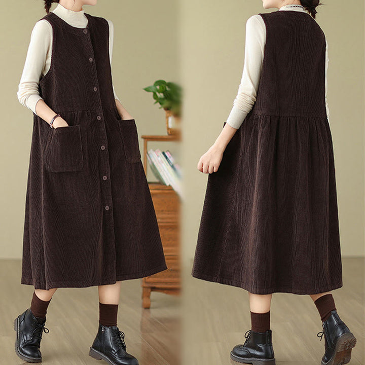 Buddha Stones Fall Retro Buttons Design Corduroy Sleeveless Midi Dress With Pockets - image 4