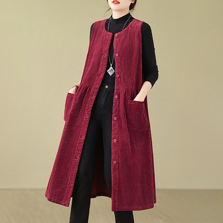 Buddha Stones Fall Retro Buttons Design Corduroy Sleeveless Midi Dress With Pockets - image 23