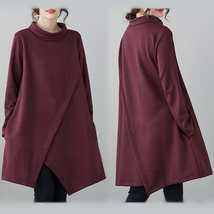 Buddha Stones Winter Irregular Hem Design Mock Neck Long Sleeve Midi Dress With Pockets - image 10