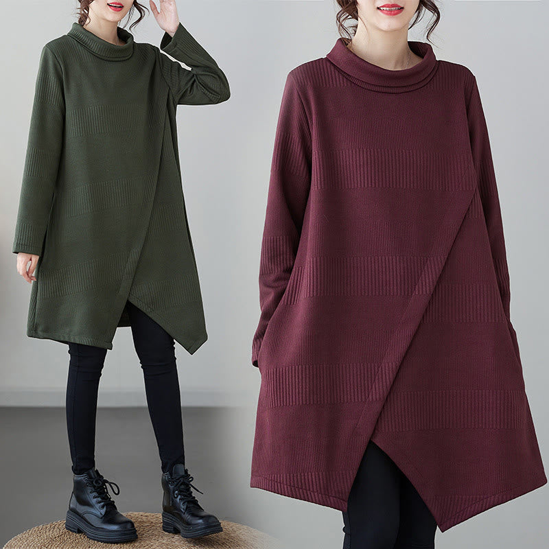 Buddha Stones Winter Irregular Hem Design Mock Neck Long Sleeve Midi Dress With Pockets - image 11