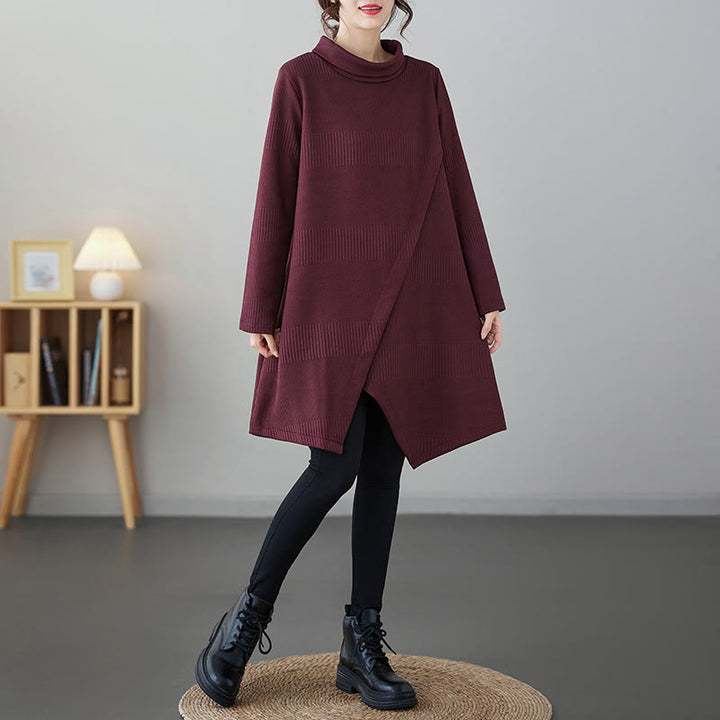 Buddha Stones Winter Irregular Hem Design Mock Neck Long Sleeve Midi Dress With Pockets - image 5