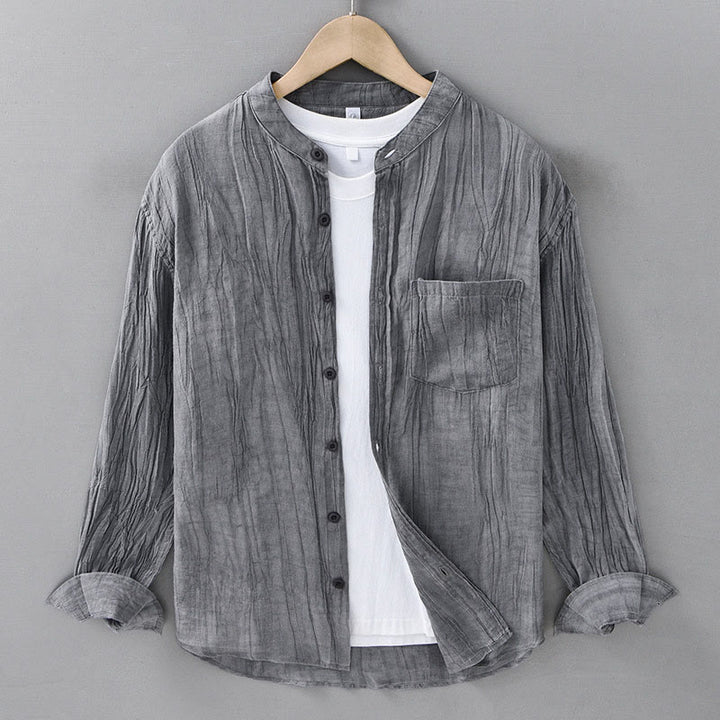 Buddha Stones Solid Long Sleeve Creases Design Buttons Down Ramie Linen Men's Shirts - Gray - US/UK/AU42，EU52 (3XL) - image 0