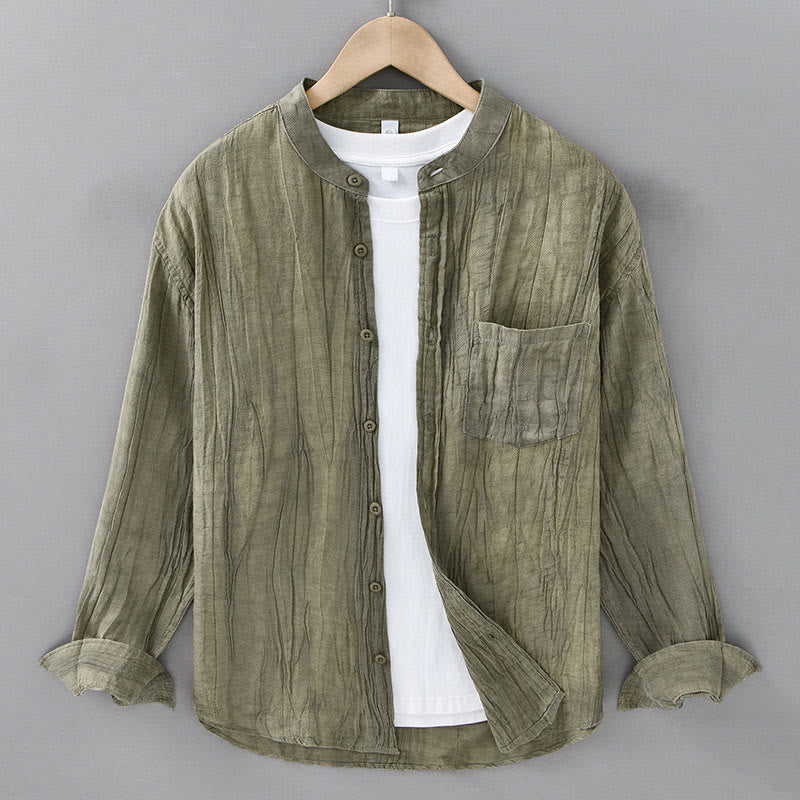 Buddha Stones Solid Long Sleeve Creases Design Buttons Down Ramie Linen Men's Shirts - YellowGreen - US/UK/AU42，EU52 (3XL) - image 5