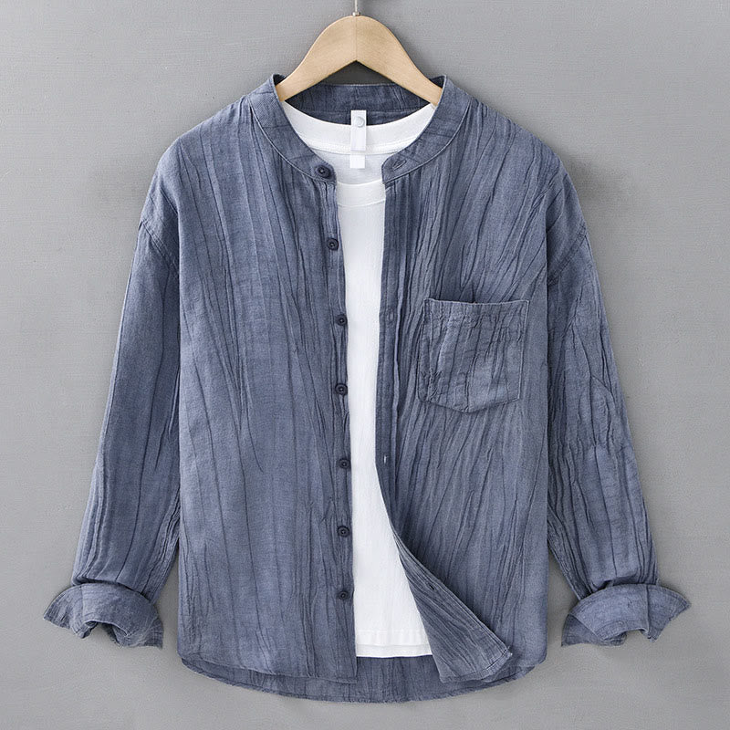 Buddha Stones Solid Long Sleeve Creases Design Buttons Down Ramie Linen Men's Shirts - LightSteelBlue - US/UK/AU42，EU52 (3XL) - image 13