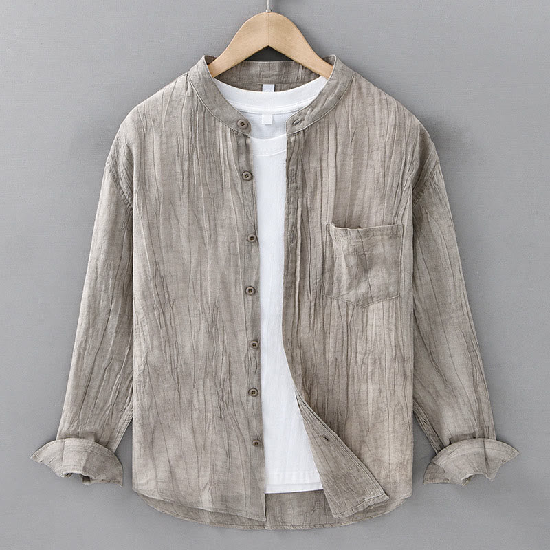 Buddha Stones Solid Long Sleeve Creases Design Buttons Down Ramie Linen Men's Shirts - Linen - US/UK/AU42，EU52 (3XL) - image 9