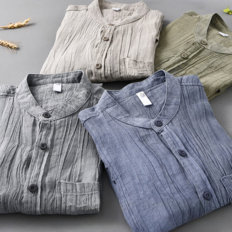 Buddha Stones Solid Long Sleeve Creases Design Buttons Down Ramie Linen Men's Shirts - image 1
