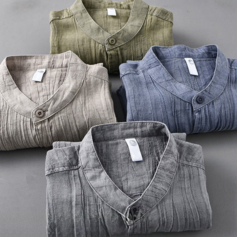 Buddha Stones Solid Long Sleeve Creases Design Buttons Down Ramie Linen Men's Shirts - image 19