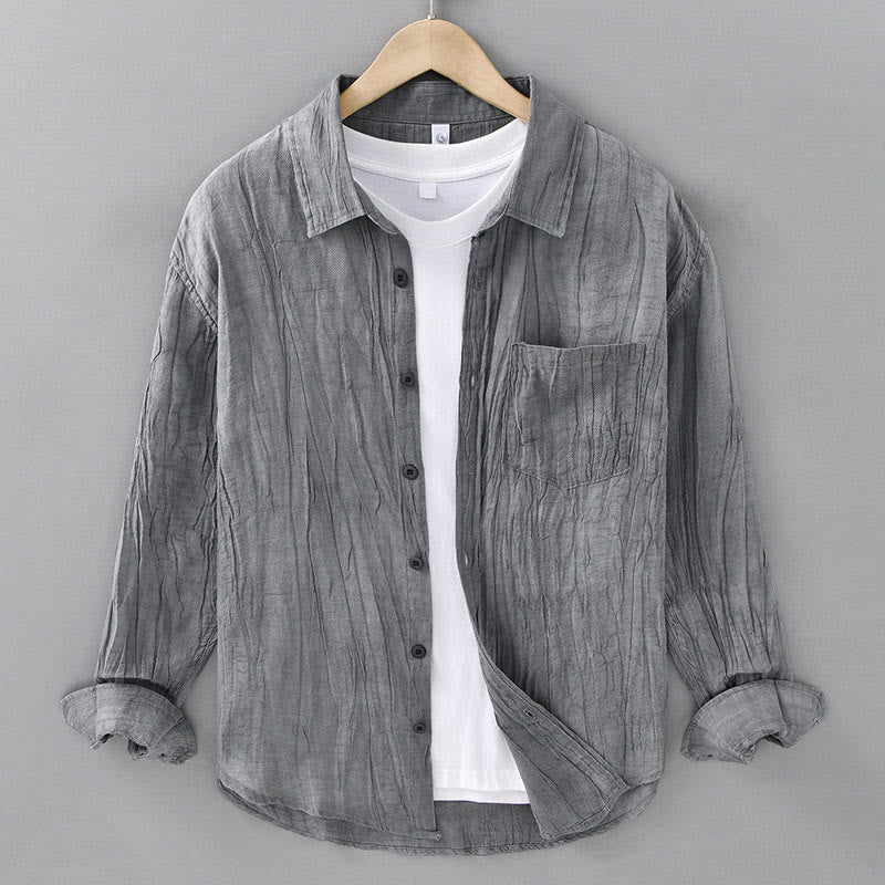 Buddha Stones Solid Long Sleeve Stand Collar Wrinkles Button Down Ramie Linen Men's Shirts - Gray - US/UK/AU42，EU52 (3XL) - image 4