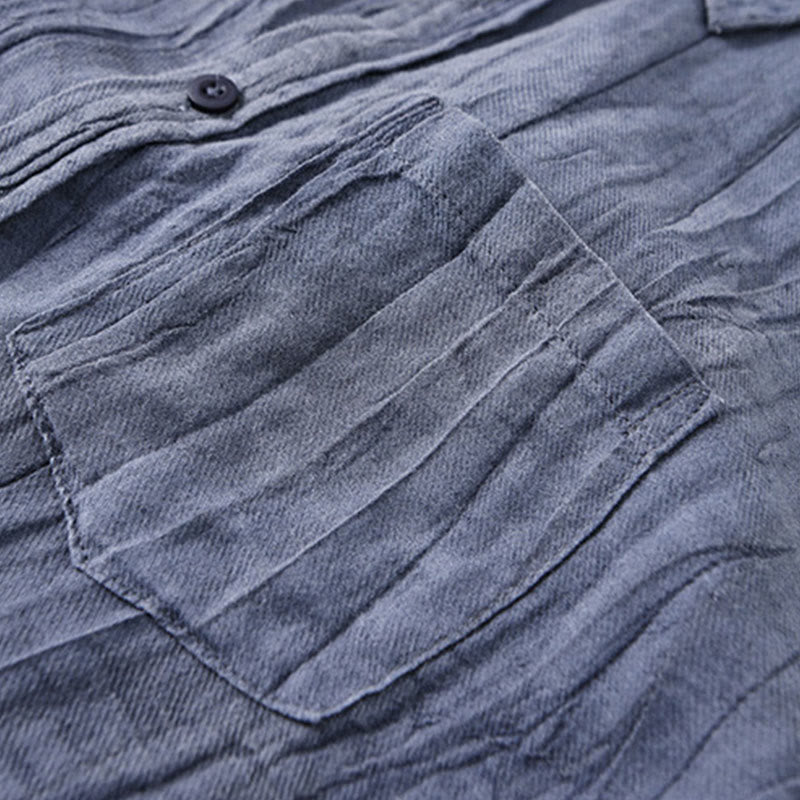 Buddha Stones Solid Long Sleeve Stand Collar Wrinkles Button Down Ramie Linen Men's Shirts - image 2