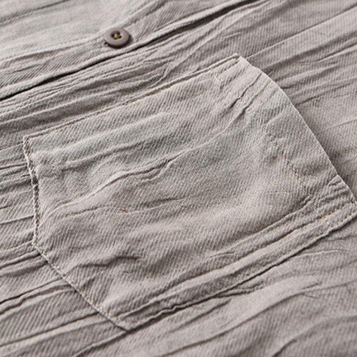 Buddha Stones Solid Long Sleeve Stand Collar Wrinkles Button Down Ramie Linen Men's Shirts - image 16