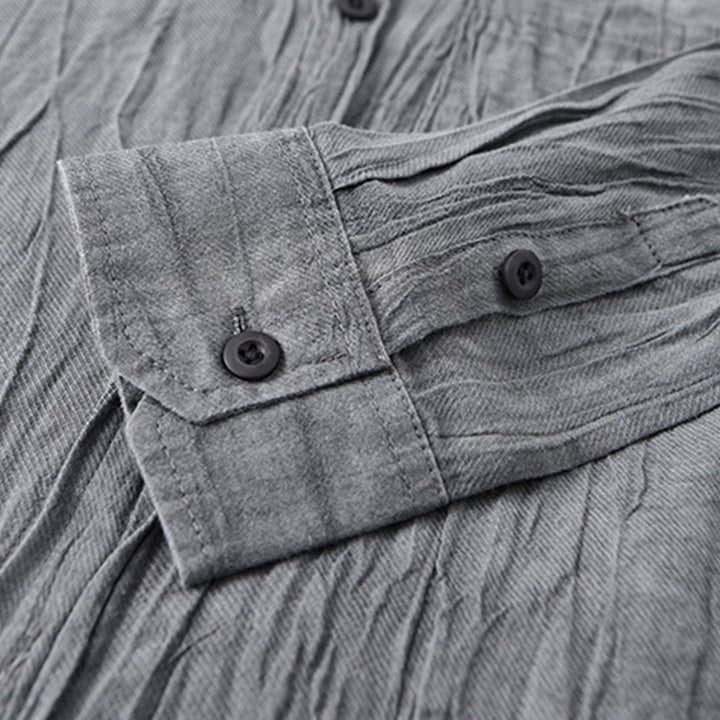 Buddha Stones Solid Long Sleeve Stand Collar Wrinkles Button Down Ramie Linen Men's Shirts - image 7