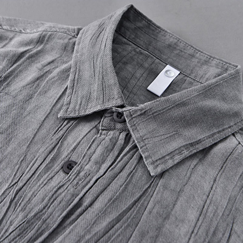 Buddha Stones Solid Long Sleeve Stand Collar Wrinkles Button Down Ramie Linen Men's Shirts - image 5