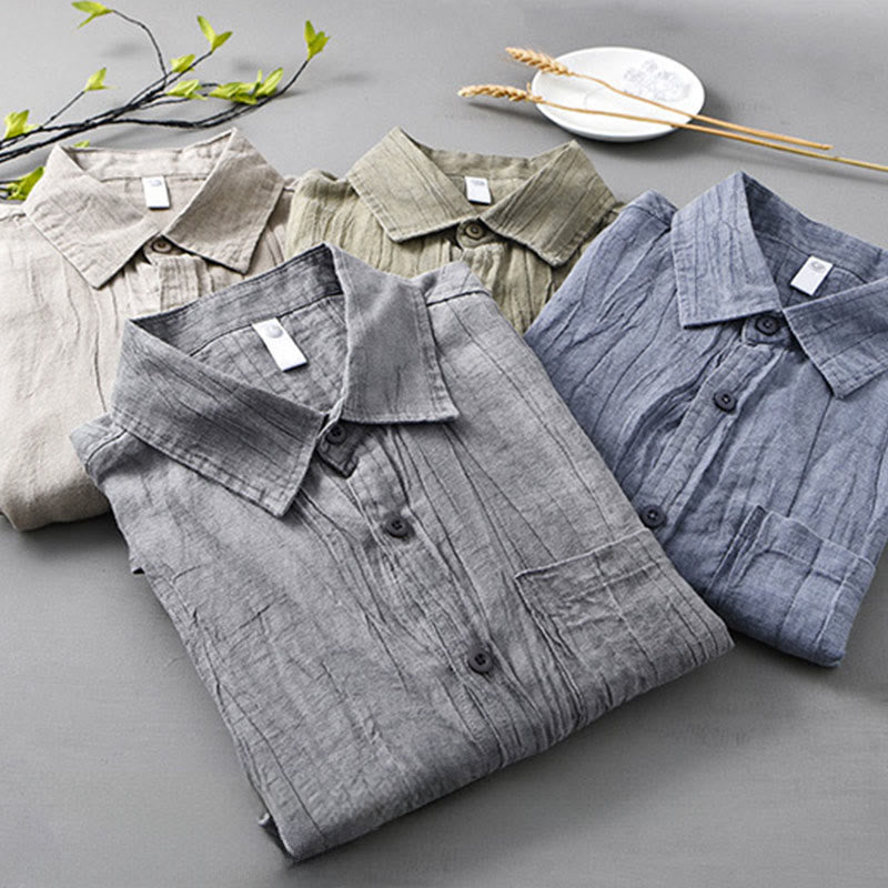 Buddha Stones Solid Long Sleeve Stand Collar Wrinkles Button Down Ramie Linen Men's Shirts - image 19