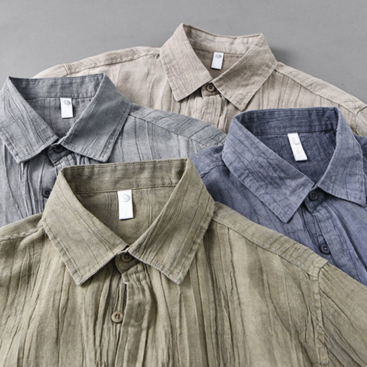 Buddha Stones Solid Long Sleeve Stand Collar Wrinkles Button Down Ramie Linen Men's Shirts - image 20