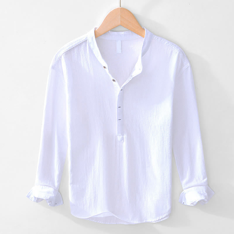 Buddha Stones Spring Fall Solid Long Sleeve Half Button Cotton Men's Shirts - White - US/UK/AU44，EU54 (4XL) - image 1