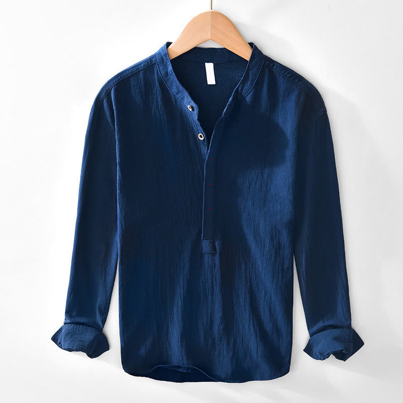 Buddha Stones Spring Fall Solid Long Sleeve Half Button Cotton Men's Shirts - Navy - US/UK/AU44，EU54 (4XL) - image 3