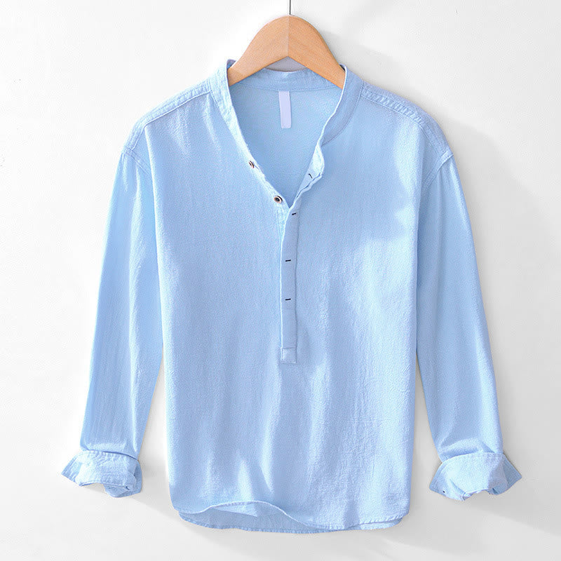 Buddha Stones Spring Fall Solid Long Sleeve Half Button Cotton Men's Shirts - LightSkyBlue - US/UK/AU44，EU54 (4XL) - image 2