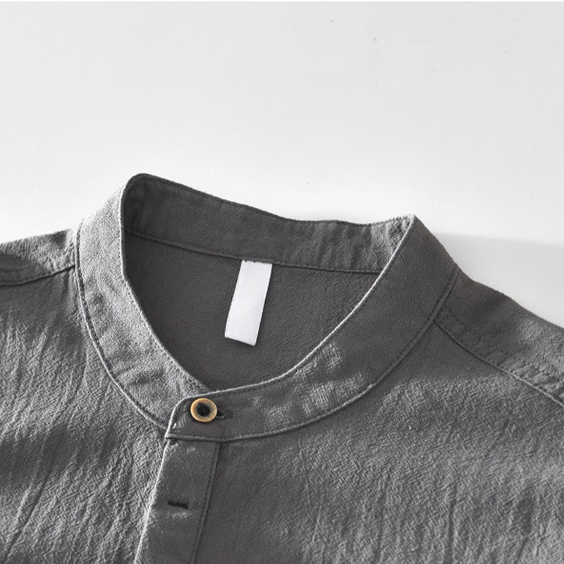 Buddha Stones Spring Fall Solid Long Sleeve Half Button Cotton Men's Shirts - image 15