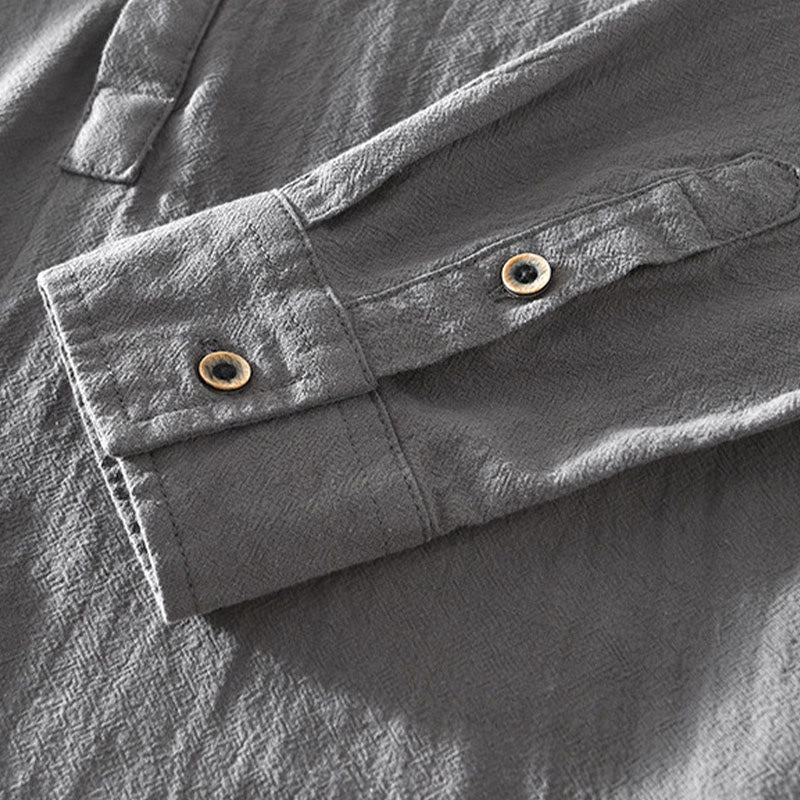 Buddha Stones Spring Fall Solid Long Sleeve Half Button Cotton Men's Shirts - image 14