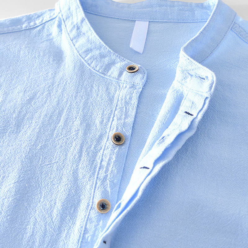 Buddha Stones Spring Fall Solid Long Sleeve Half Button Cotton Men's Shirts - image 19