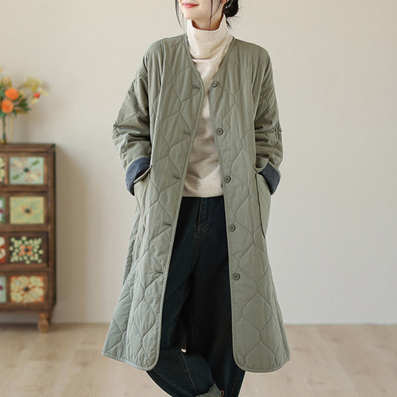 Buddha Stones Plain Buttons Women's Cotton Padded Coat With Pockets - DarkSeaGreen - US14，UK/AU18，EU46 (2XL) - image 0