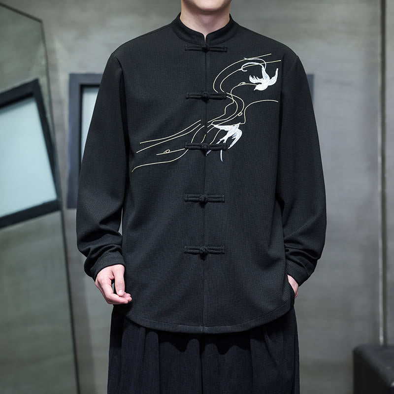 Buddha Stones Frog-Button Swallow Embroidery Stand Collar Long Sleeve Tang Suit Men's Shirt - Black - US/UK/AU46，EU56 (5XL) - image 0