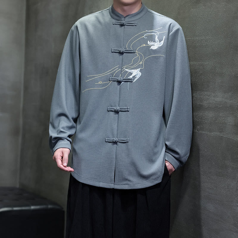 Buddha Stones Frog-Button Swallow Embroidery Stand Collar Long Sleeve Tang Suit Men's Shirt - image 21