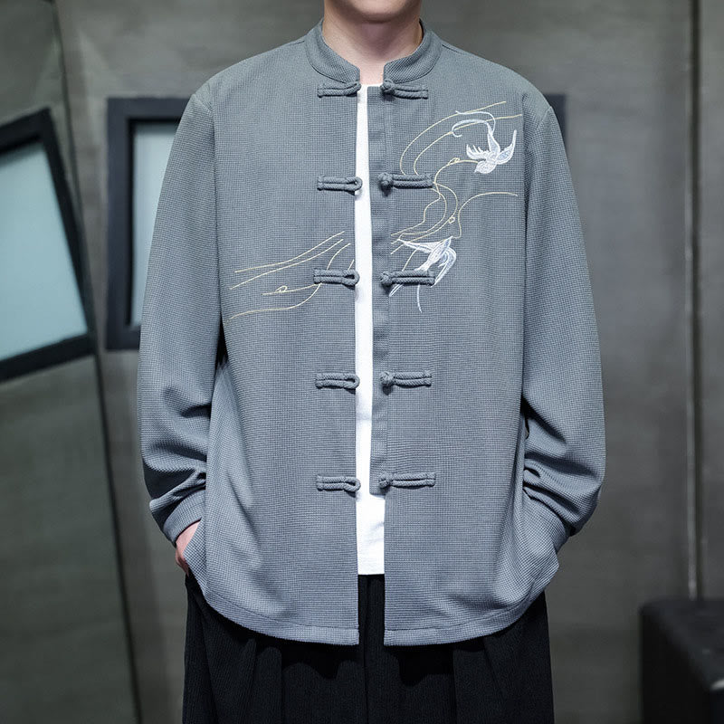 Buddha Stones Frog-Button Swallow Embroidery Stand Collar Long Sleeve Tang Suit Men's Shirt - image 17