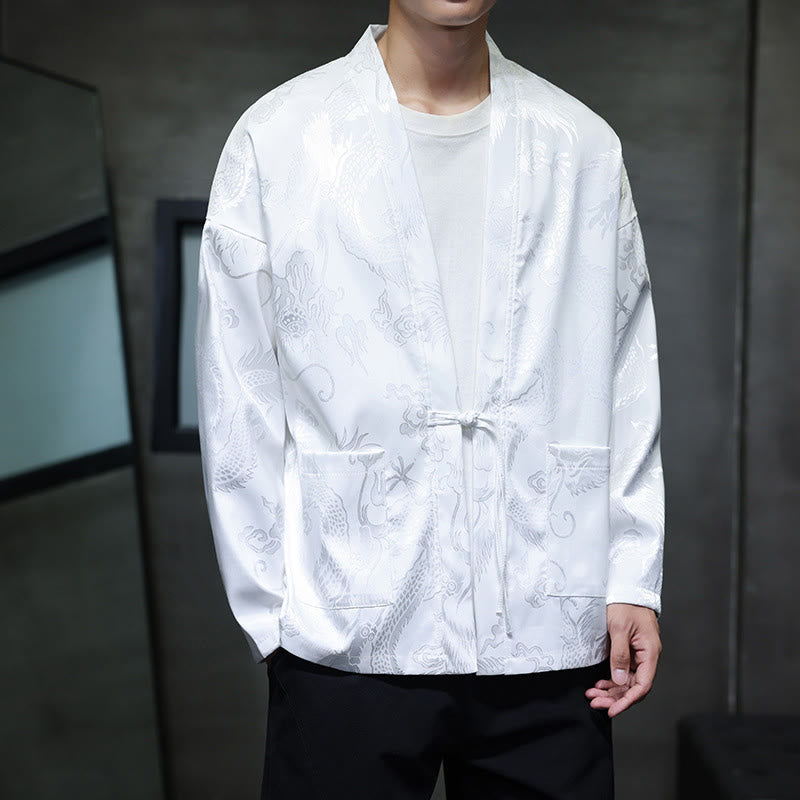 Buddha Stones Frog-Button Dragon Jacquard Stand Collar Long Sleeve Tang Suit Men's Shirt - White - US/UK/AU46，EU56 (5XL) - image 12