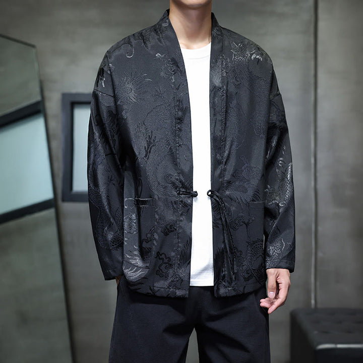 Buddha Stones Frog-Button Dragon Jacquard Stand Collar Long Sleeve Tang Suit Men's Shirt - Black - US/UK/AU46，EU56 (5XL) - image 0