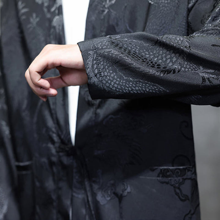 Buddha Stones Frog-Button Dragon Jacquard Stand Collar Long Sleeve Tang Suit Men's Shirt - image 10