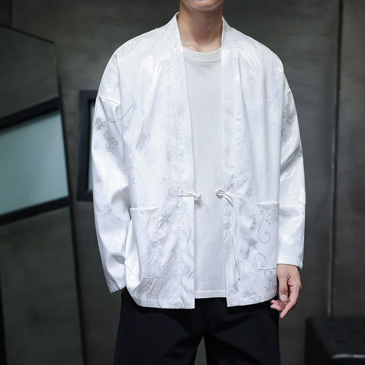 Buddha Stones Frog-Button Dragon Jacquard Stand Collar Long Sleeve Tang Suit Men's Shirt - image 18