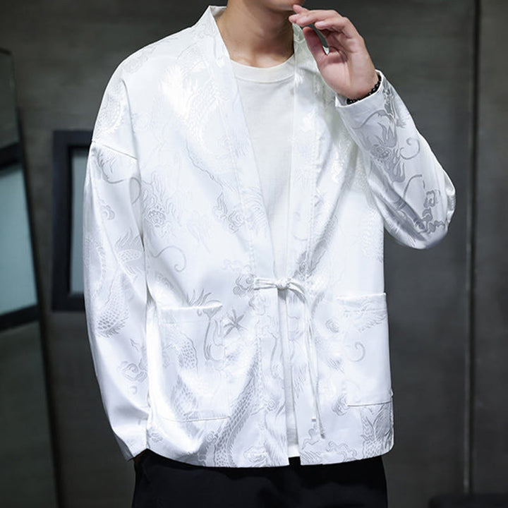 Buddha Stones Frog-Button Dragon Jacquard Stand Collar Long Sleeve Tang Suit Men's Shirt - image 16