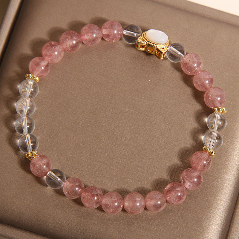 Buddha Stones Cat Natural Strawberry Quartz White Crystal Bead Healing Bracelet - image 3